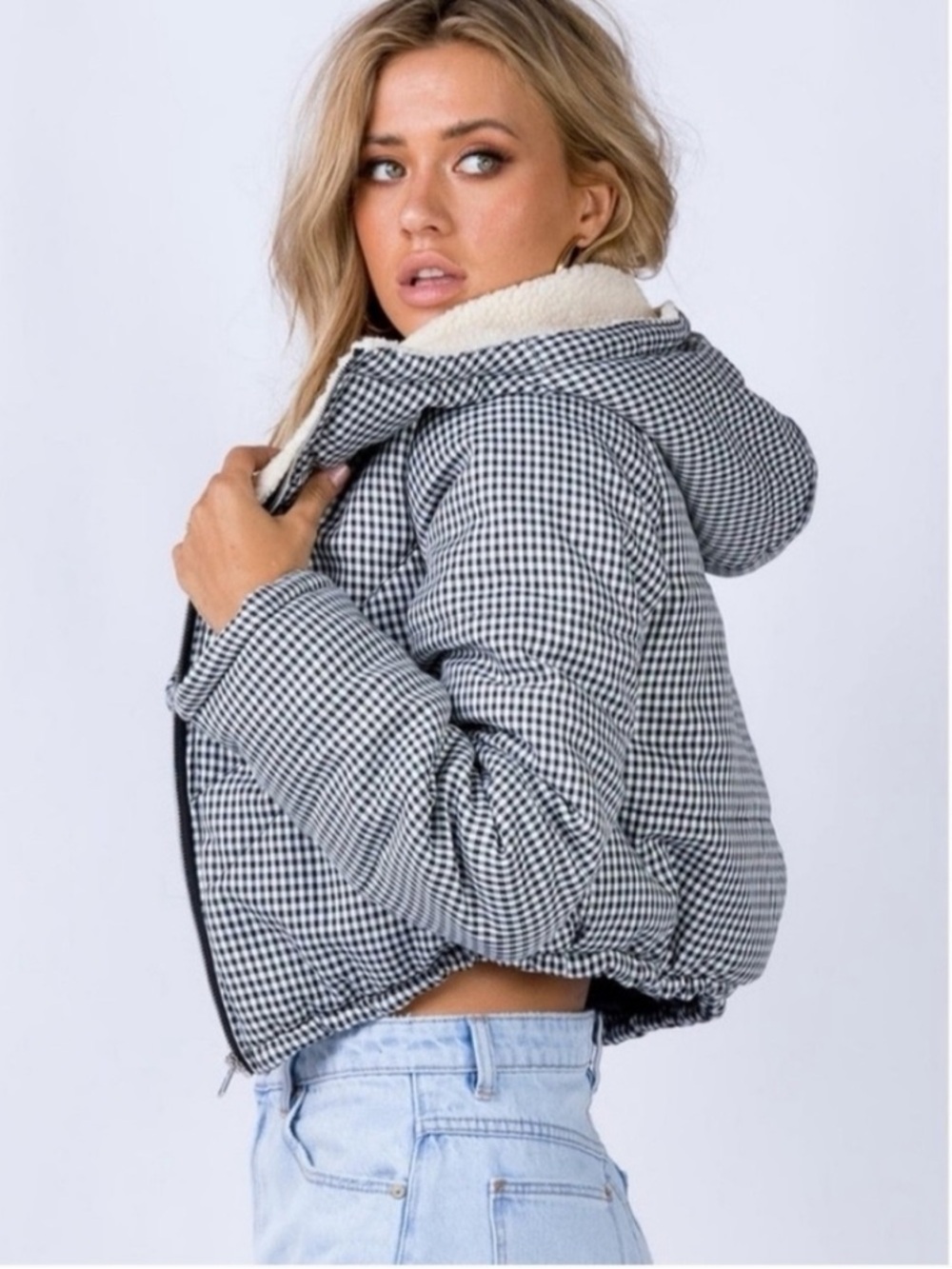 Princess Polly The Kier Houndstooth Sherpa Hooded Puffer Cropped Jacket S/M Fall
